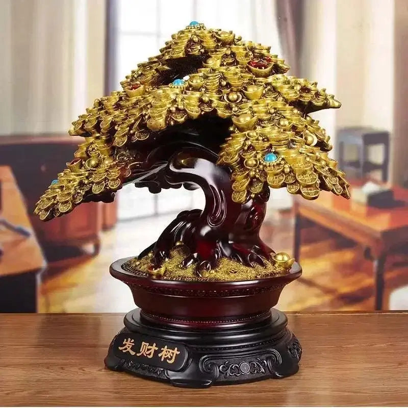 Feng Shui Lucky Fortune Tree Ornament showcasing a modern design with gold accents and a wooden base, perfect for enhancing your space.