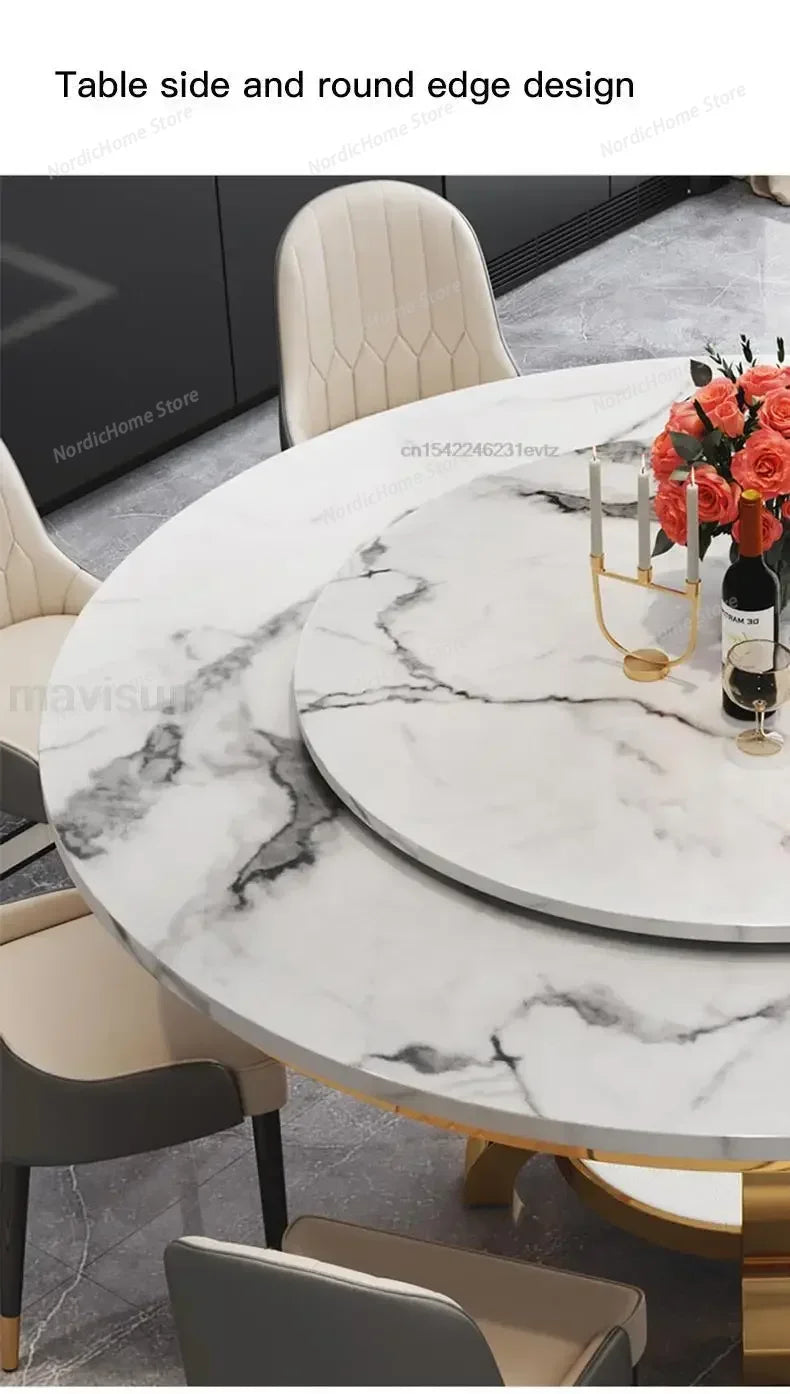 Modern marble glass dining table featuring round edge design with elegant chairs and floral centerpiece.