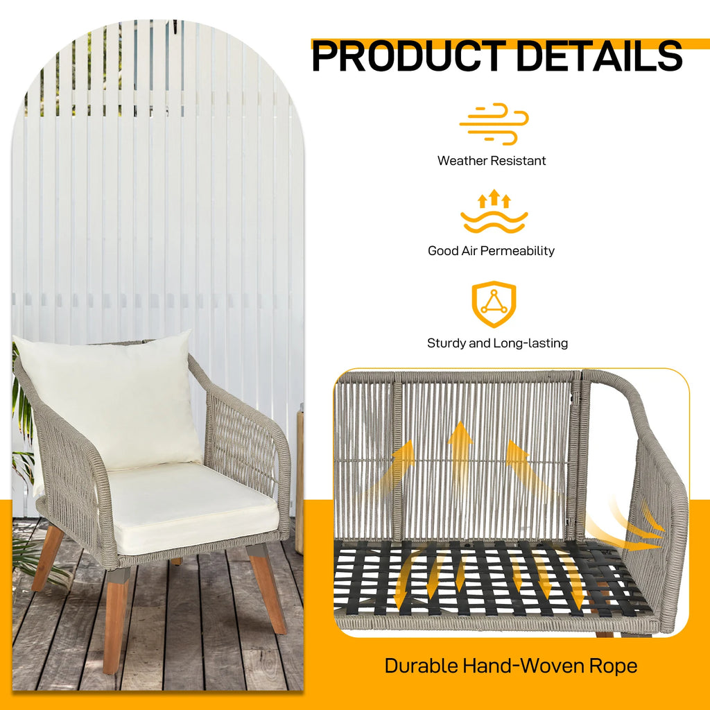 4-Piece Outdoor Acacia Wood Patio Set – Modern Deep Seating with Grey Rope & Beige Cushions