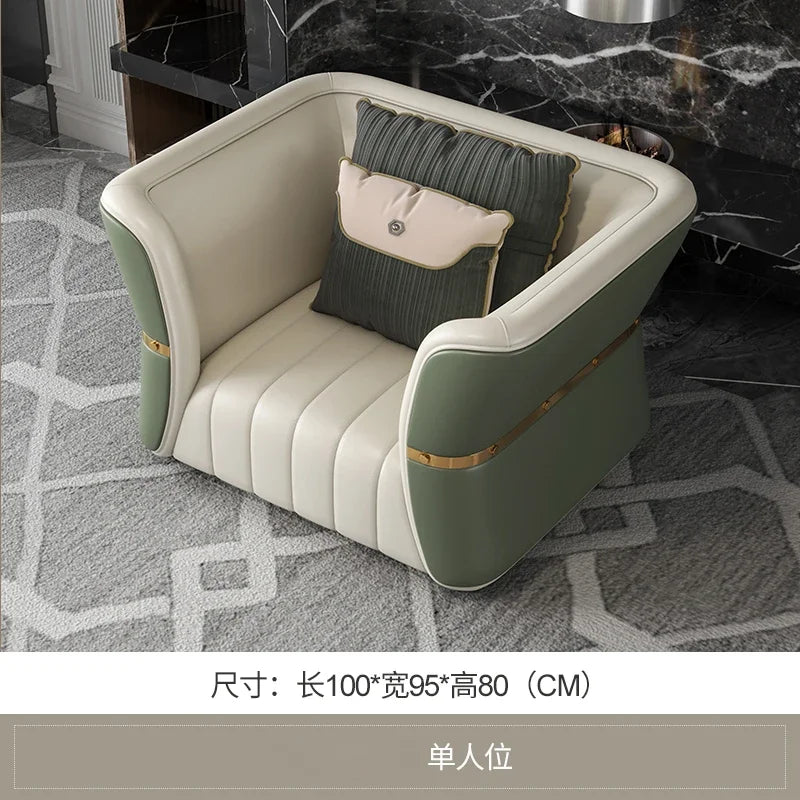 Green and beige armchair with cushions on a patterned carpet