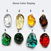 Display of various colored stones labeled from 1 to 8 on a white background.