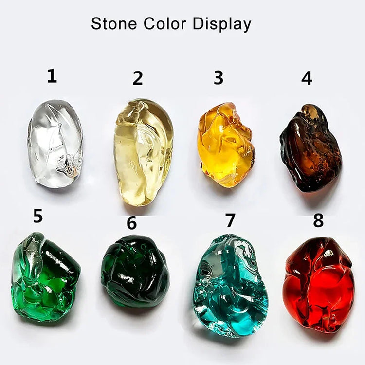 Display of various colored stones labeled from 1 to 8 on a white background.