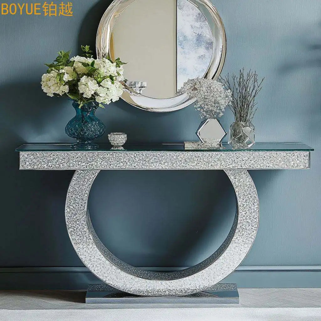 Crushed Diamond Mirror Console Table | Sculptural Arch Base | Glam Entryway Furniture - view 12