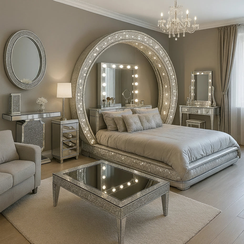A luxury bedroom featuring a large arched vanity mirror with integrated lighting, a bed with beige bedding, matching silver-framed nightstands and dresser, a mirrored coffee table, and a chandelier. The word 'sat' appears multiple times as an overlay.