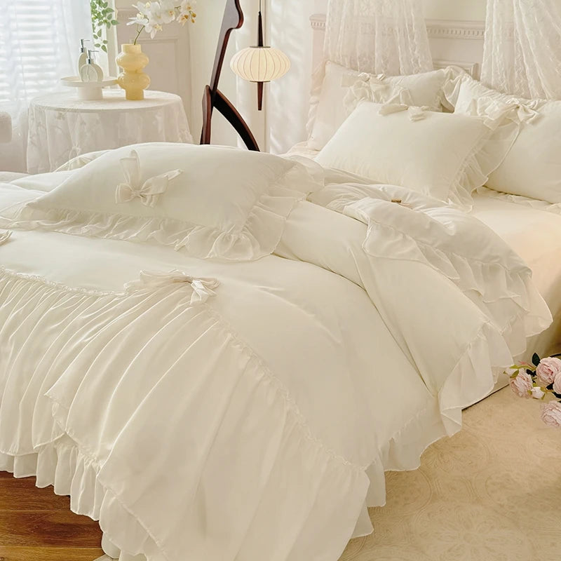 3pcs White Bedding Set Ruffles