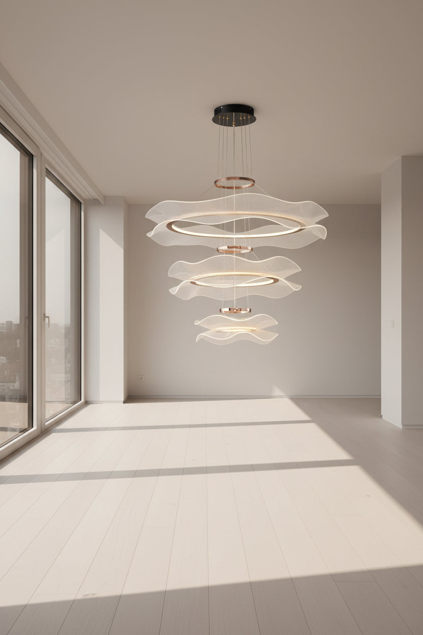 Round modern LED ceiling chandelier with layered circular rings and soft white wave-shaped diffusers