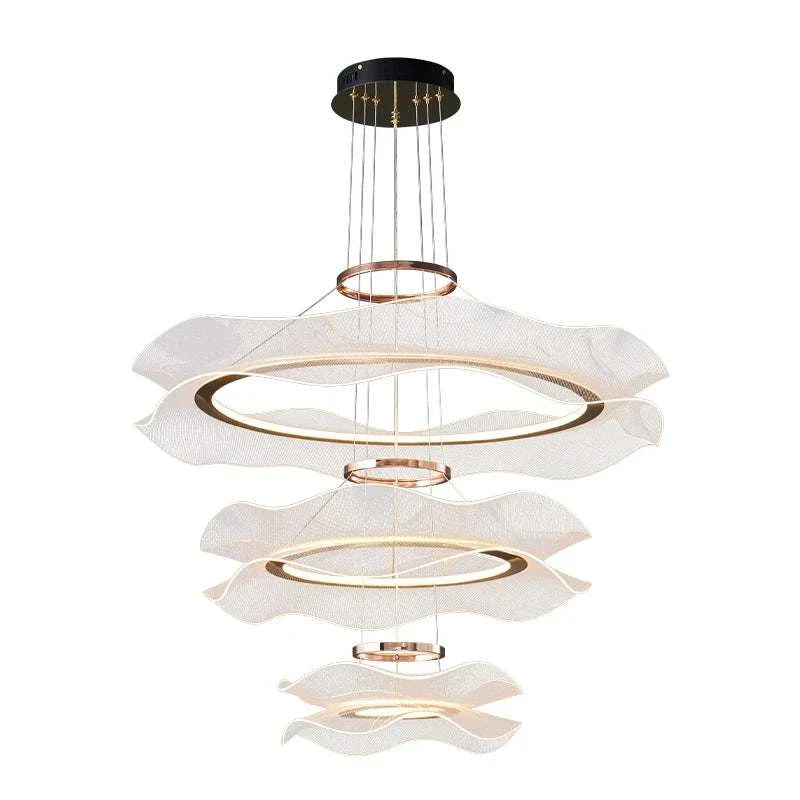 Round modern LED ceiling chandelier with layered circular rings and soft white wave-shaped diffusers