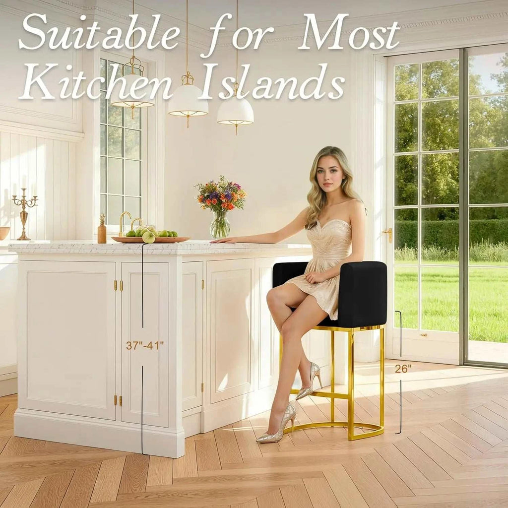 Woman sitting on a stool in a modern kitchen with text 'Suitable for Most Kitchen Islands'.