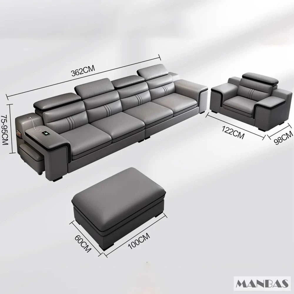 Gray sectional sofa with ottoman and dimensions labeled, featuring the MANBAS brand.