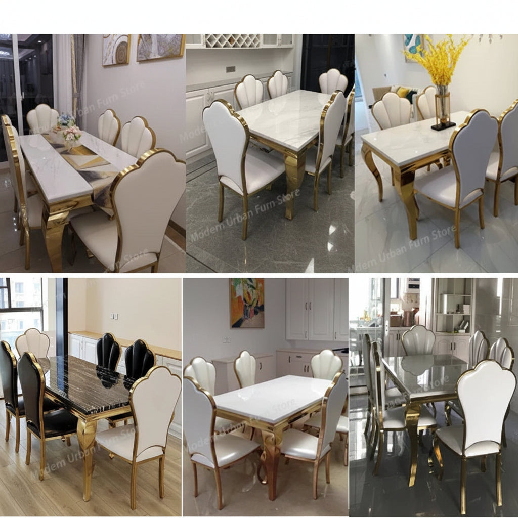 Collage of dining table and chair sets with a camera in the center.