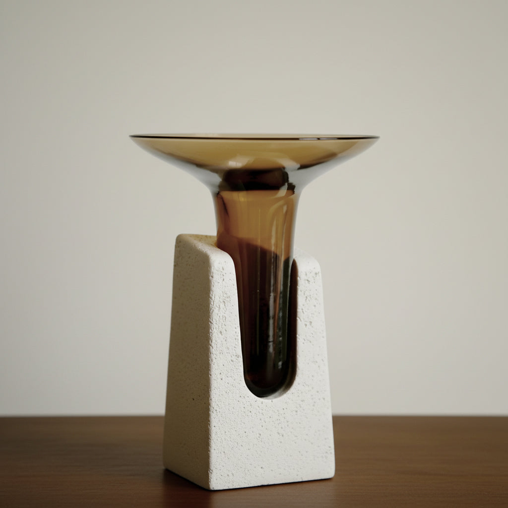 A Vavinci ceramic flower vase with a tall, slender amber-brown glass center and textured off-white concrete-like side supports, shown on a light neutral background 