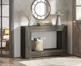 Console table with decorative items in a room setting