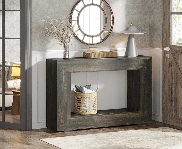 Console table with decorative items in a room setting