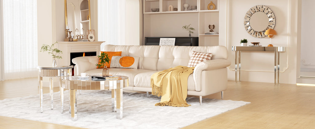 Mirrored Coffee Table with Crystal Inlay, 31.5'' Mirror Surface, Silver Accent