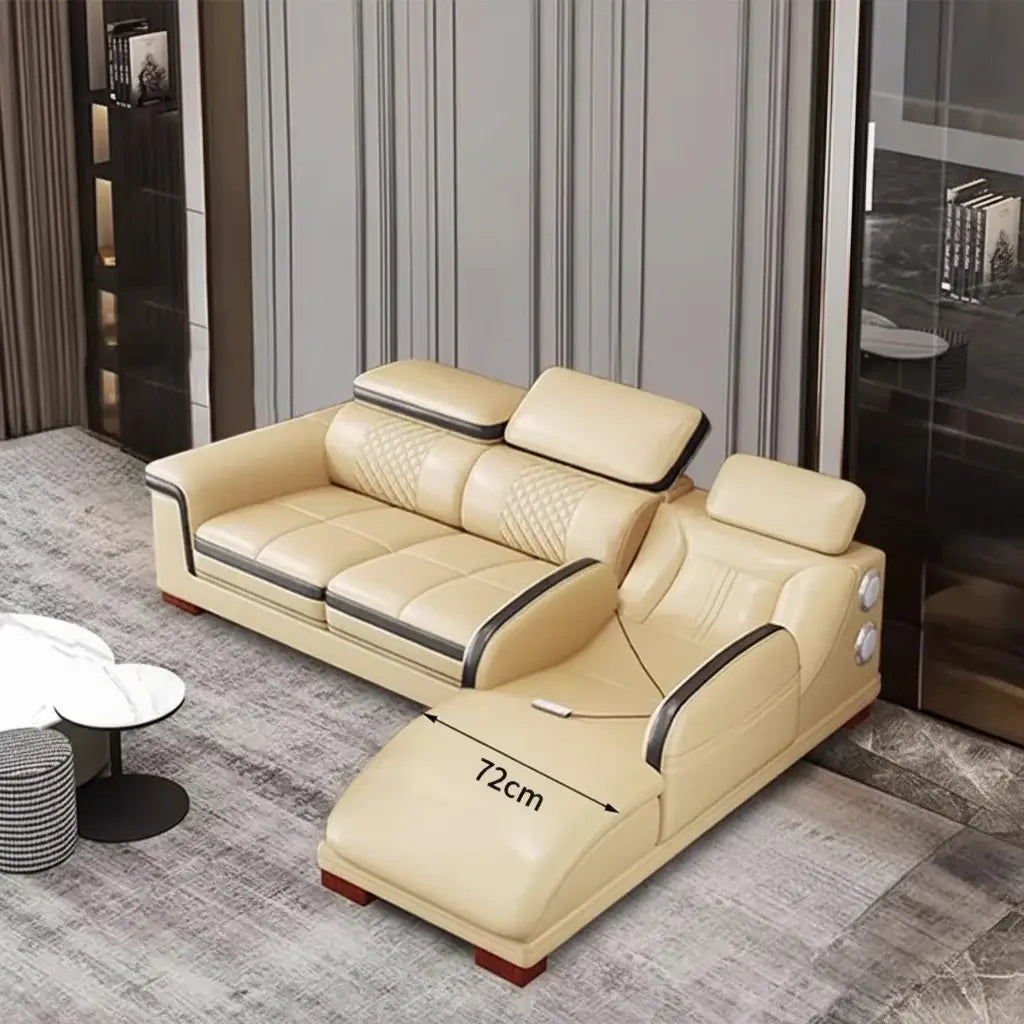 Luxury Genuine Leather Sectional Sofa Set, Modern L-Shaped Recliner Couch with Massage Chaise Lounge, Cup Holder, USB & Speakers