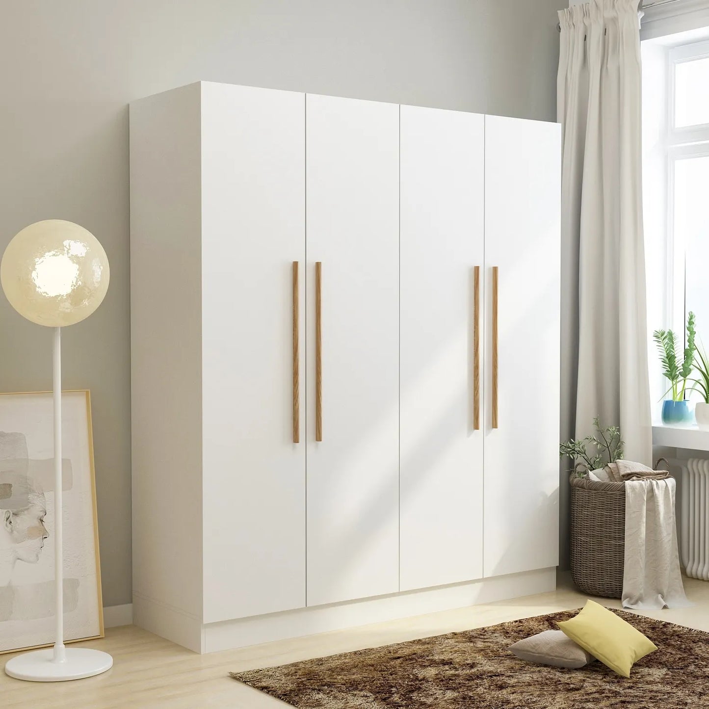 Custom walk-in wardrobe system in modern white design with wooden handles, perfect for stylish storage solutions.
