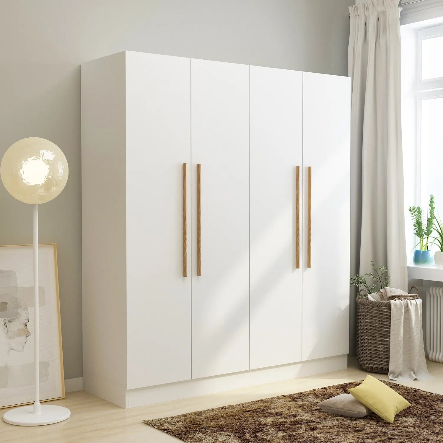 Custom walk-in wardrobe system in modern white design with wooden handles, perfect for stylish storage solutions.