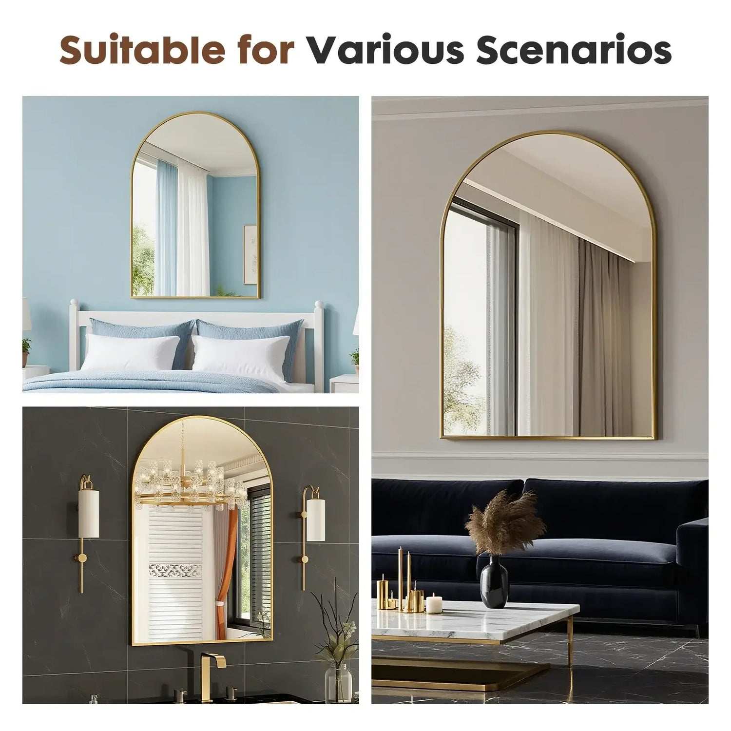 Arched metal framed bathroom mirror displayed in various scenarios for versatile home decor.