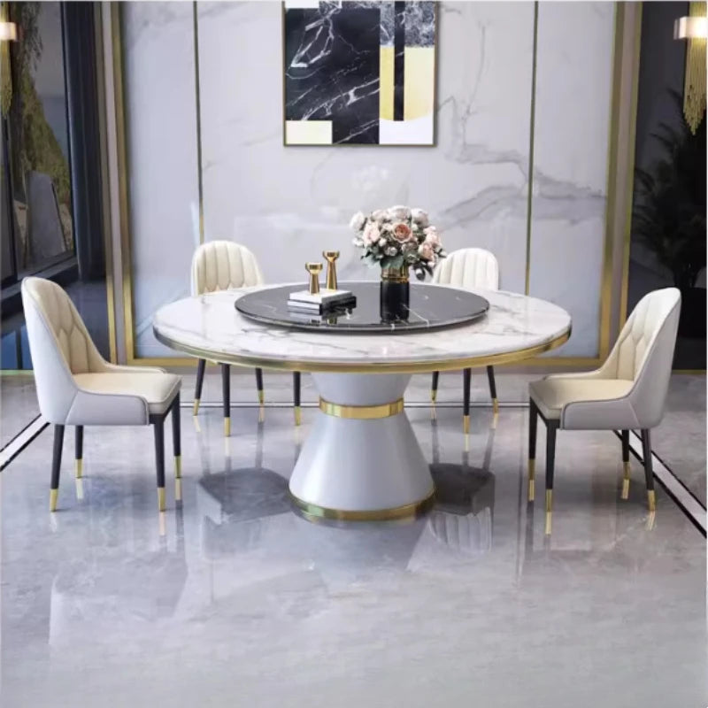 Modern Marble Dining Set featuring a round marble table and stylish dining chairs in a contemporary setting.