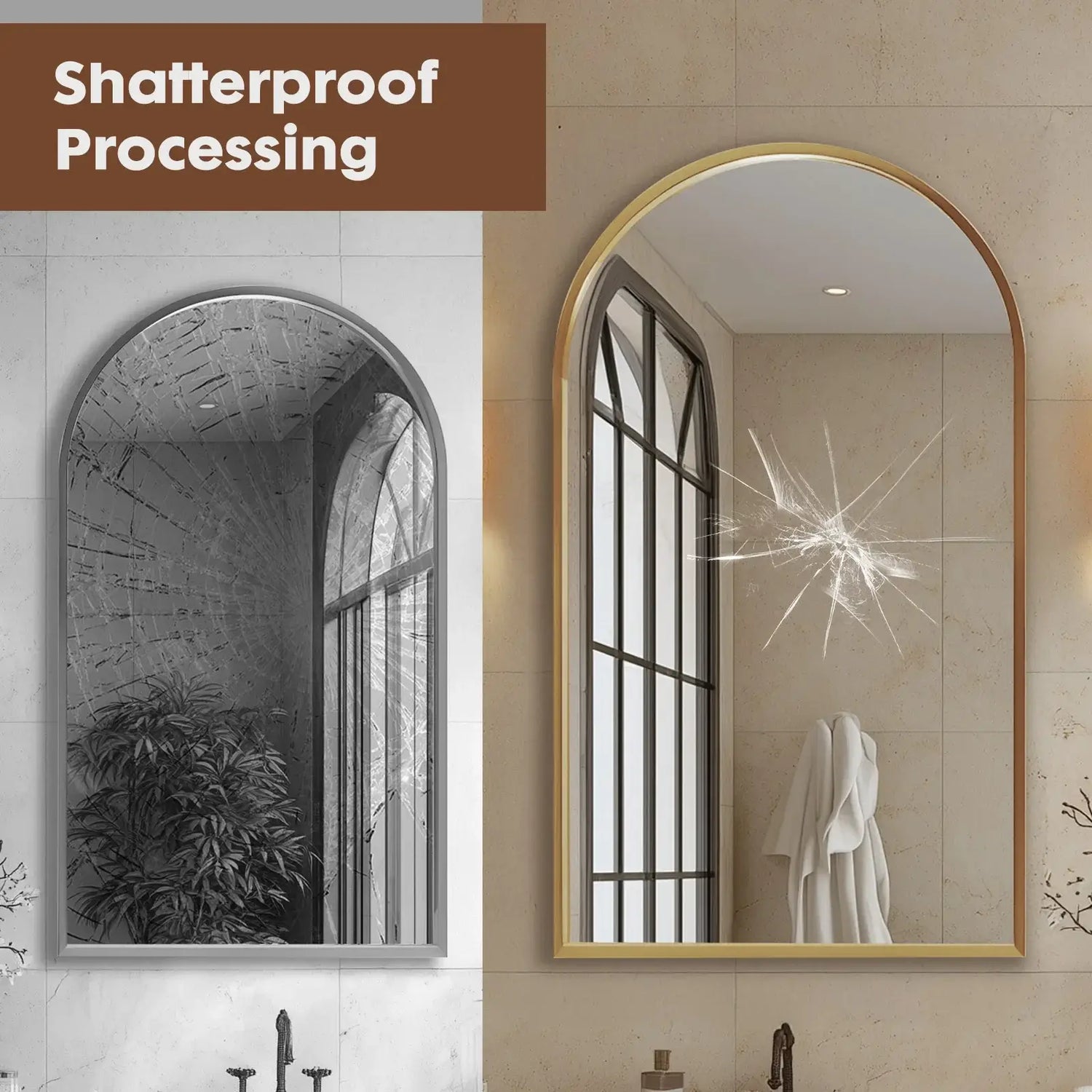 Arched metal framed bathroom mirror showcasing shatterproof processing for modern wall decor.