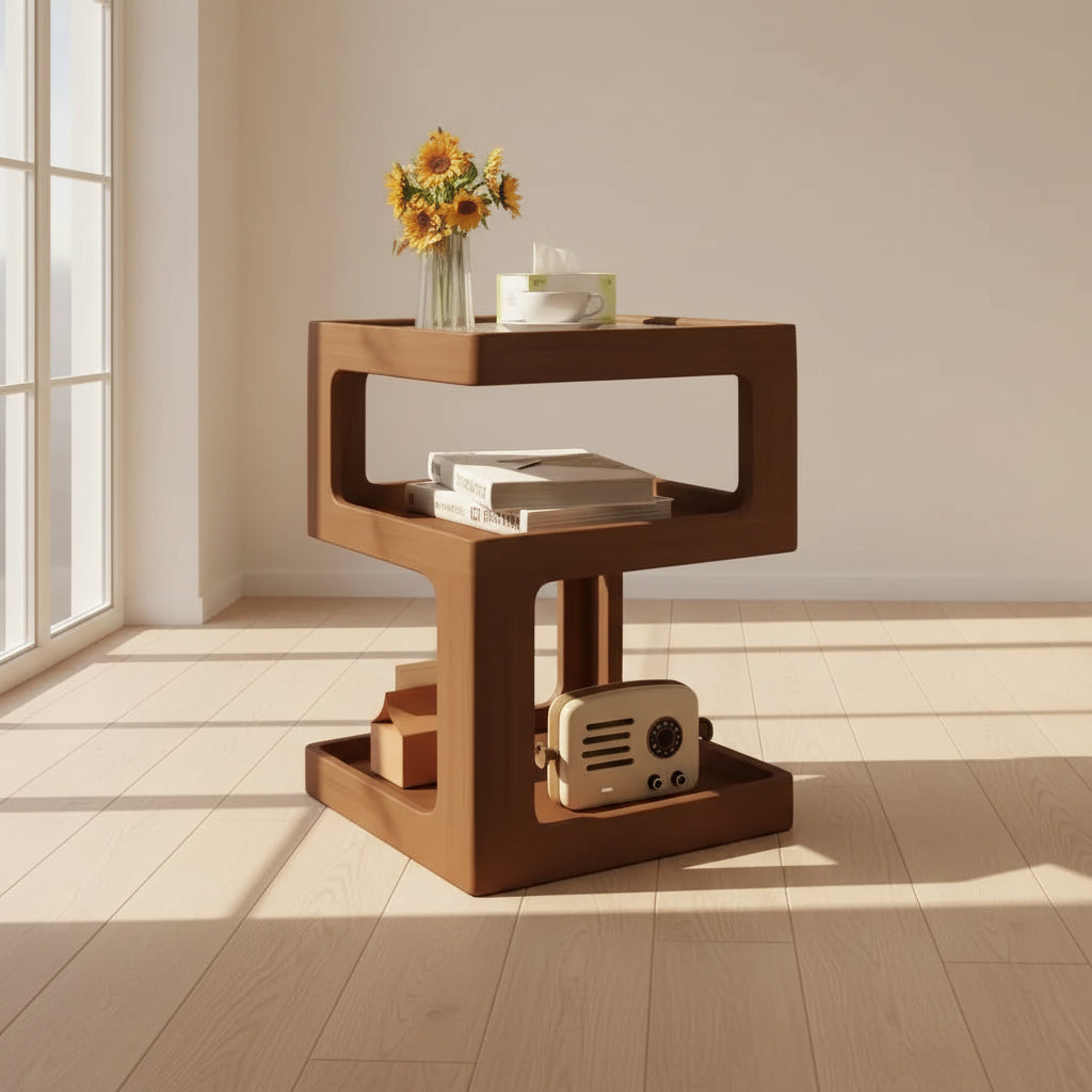 Modern solid wood bedside table with decor and books, stylish storage solution for bedroom or living space.