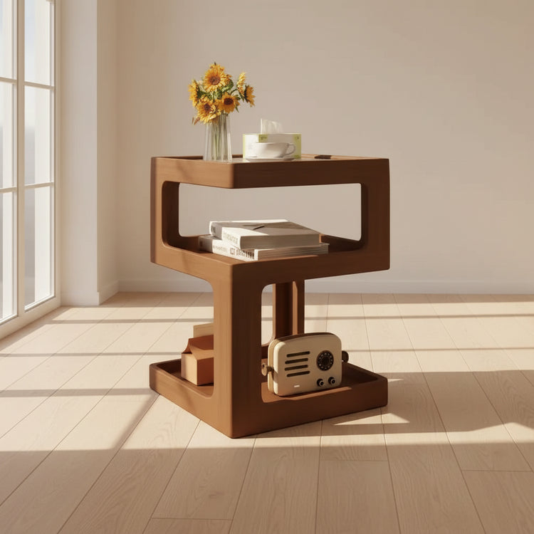 Wooden side table with decorative items near a window with sunlight from the window shining through