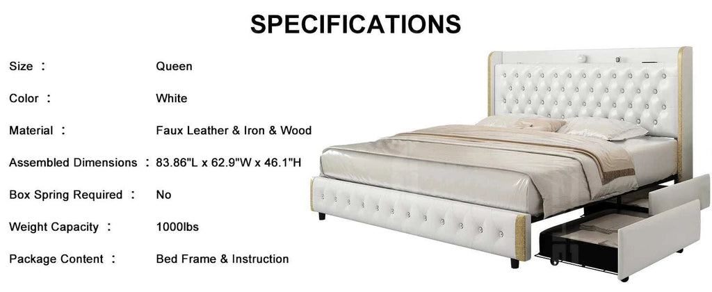 White bed frame with storage drawers and specifications listed above it.