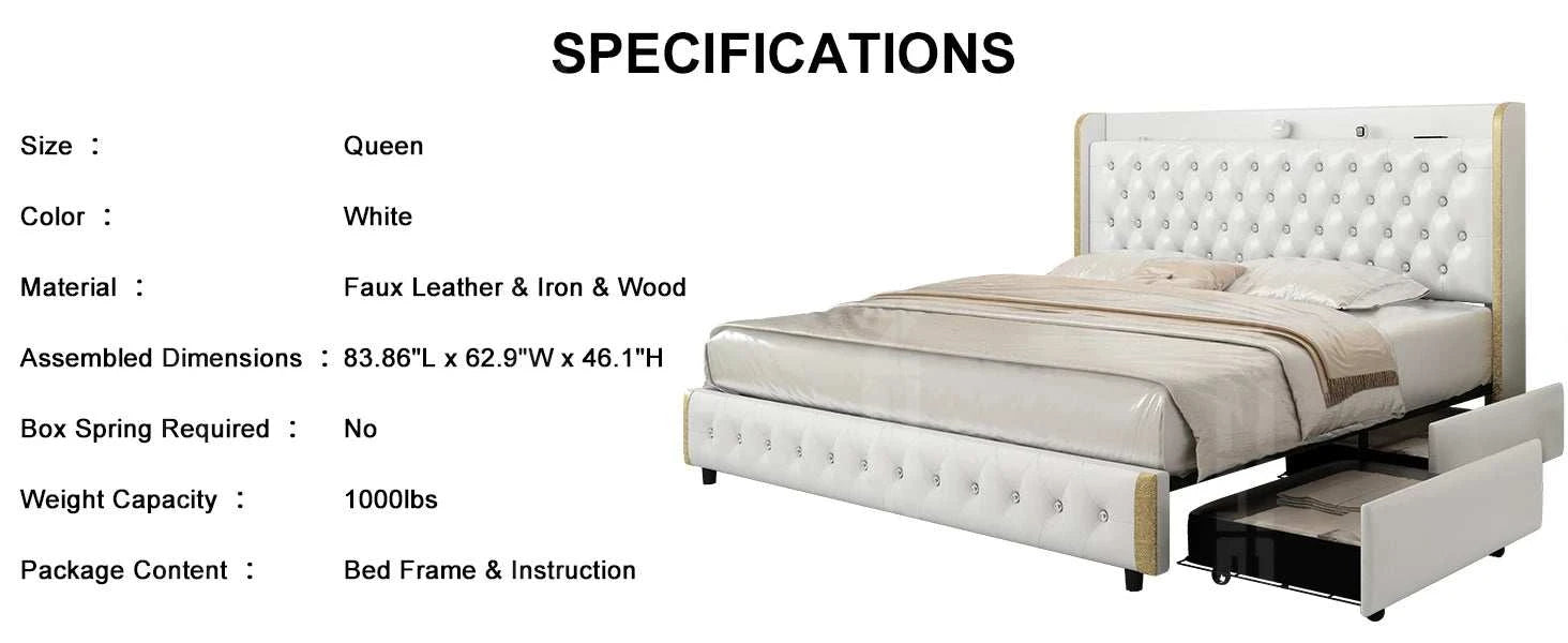 White bed frame with storage drawers and specifications listed above it.