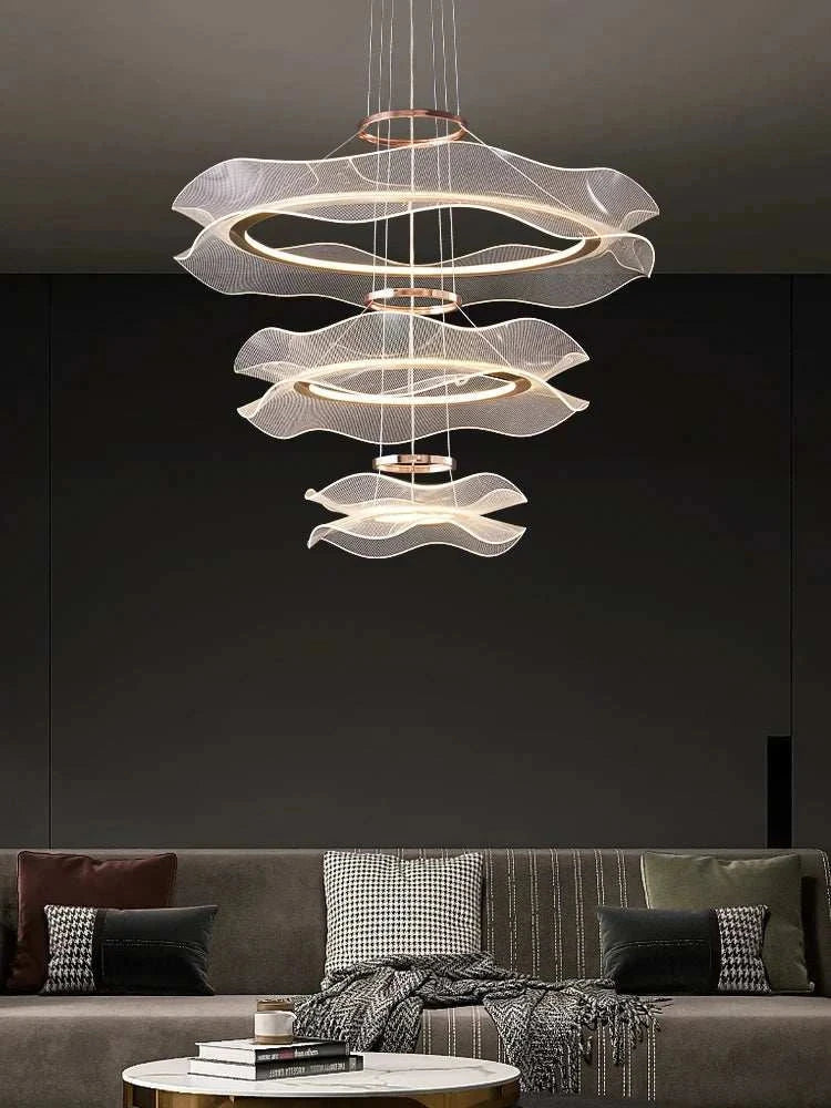 Round modern LED ceiling chandelier with wavy rings and soft ambient lighting in living room
