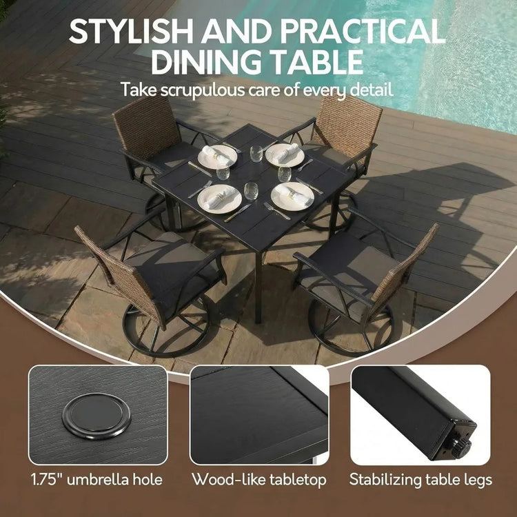 Outdoor dining set with table and chairs on a patio, featuring text about the table&
