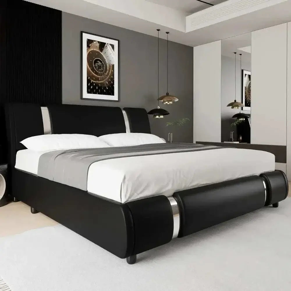 Modern faux leather platform bed frame with curved headboard in a stylish bedroom setting.