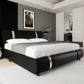Modern faux leather platform bed frame with curved headboard in a stylish bedroom setting.