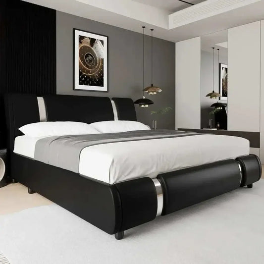 Modern faux leather platform bed frame with curved headboard in a stylish bedroom setting.