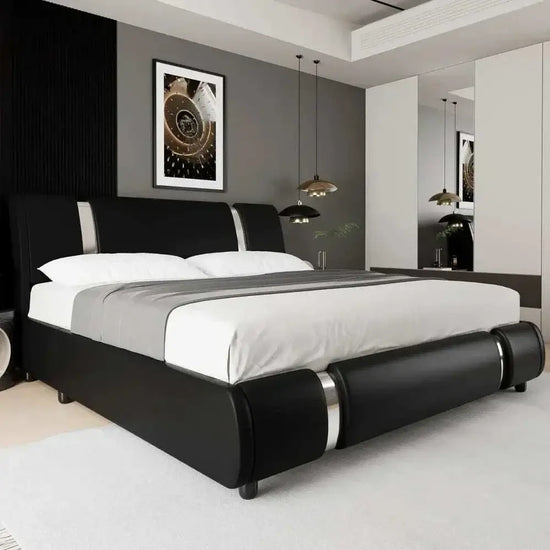 Modern faux leather platform bed frame with curved headboard in a stylish bedroom setting.