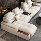 Premium Italian genuine leather sectional sofa with USB and Bluetooth in a modern living room setting.