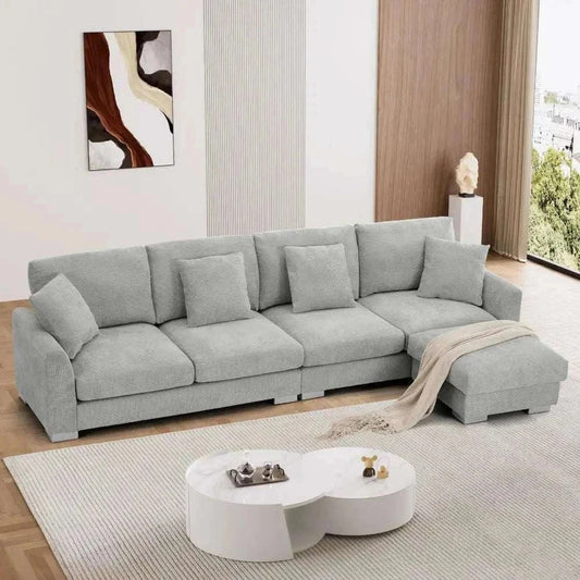 Oversized L Shaped Sectional Sofa with 5 seats and convertible ottoman in gray chenille upholstery