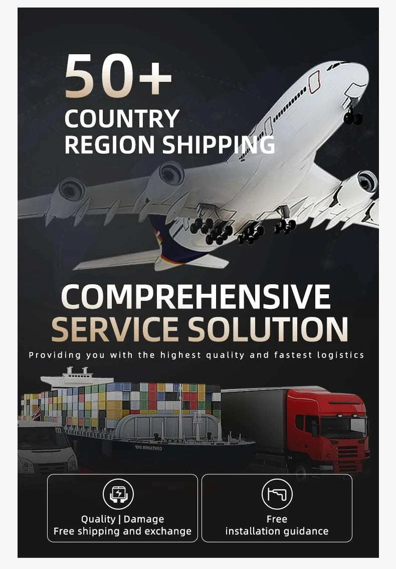 Advertisement for shipping services with an airplane, container ship, and truck on a dark background.