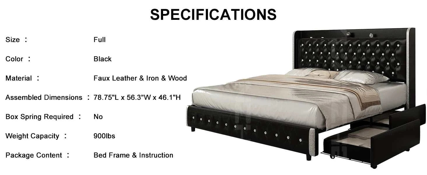 Black faux leather bed with storage drawers and specifications listed above.