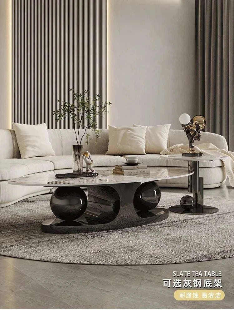 Modern living room with table and decorative items.