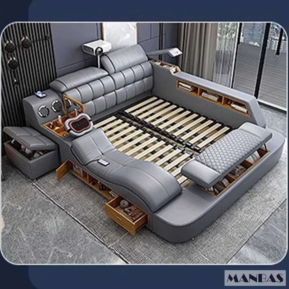 Modern gray sofa bed with entertainment features in a room setting.