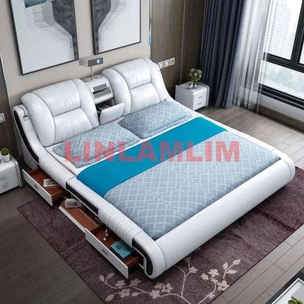 Modern genuine leather bed with massage, Bluetooth, air cleaner, and built-in projector in a stylish bedroom
