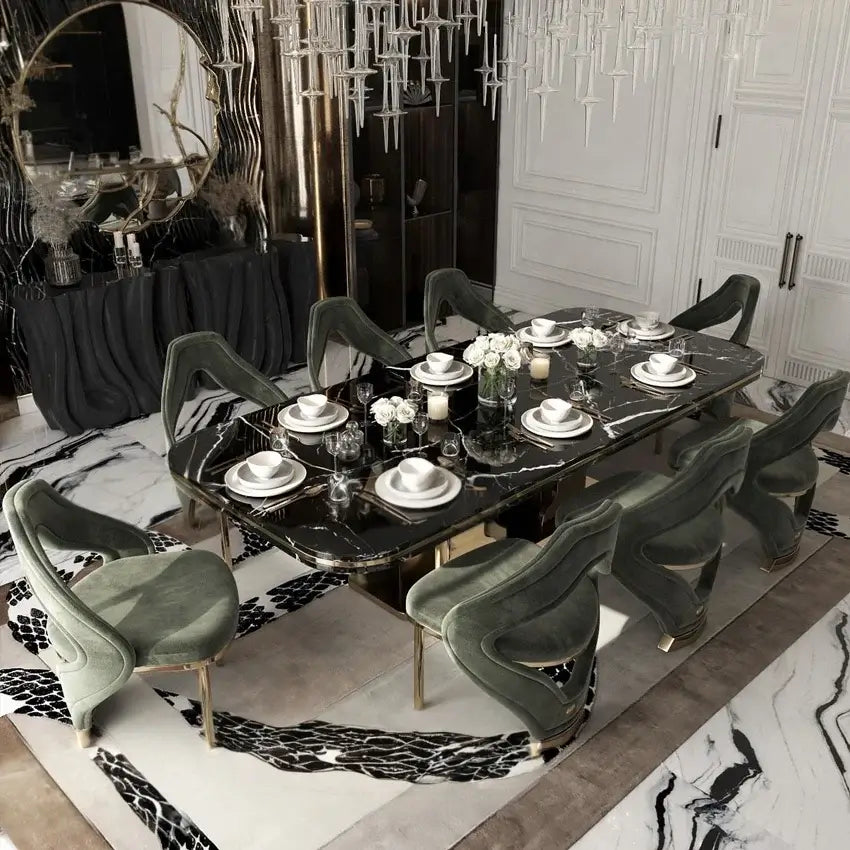Luxury marble dining table set with elegant chairs, polished marble top, perfect for upscale dining settings.