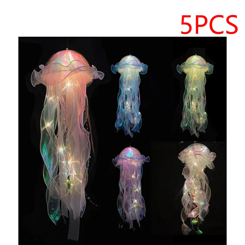 5PCS Jellyfish Bedroom Night Light Lamp with Ribbon & Bead for Girl Room Decor
