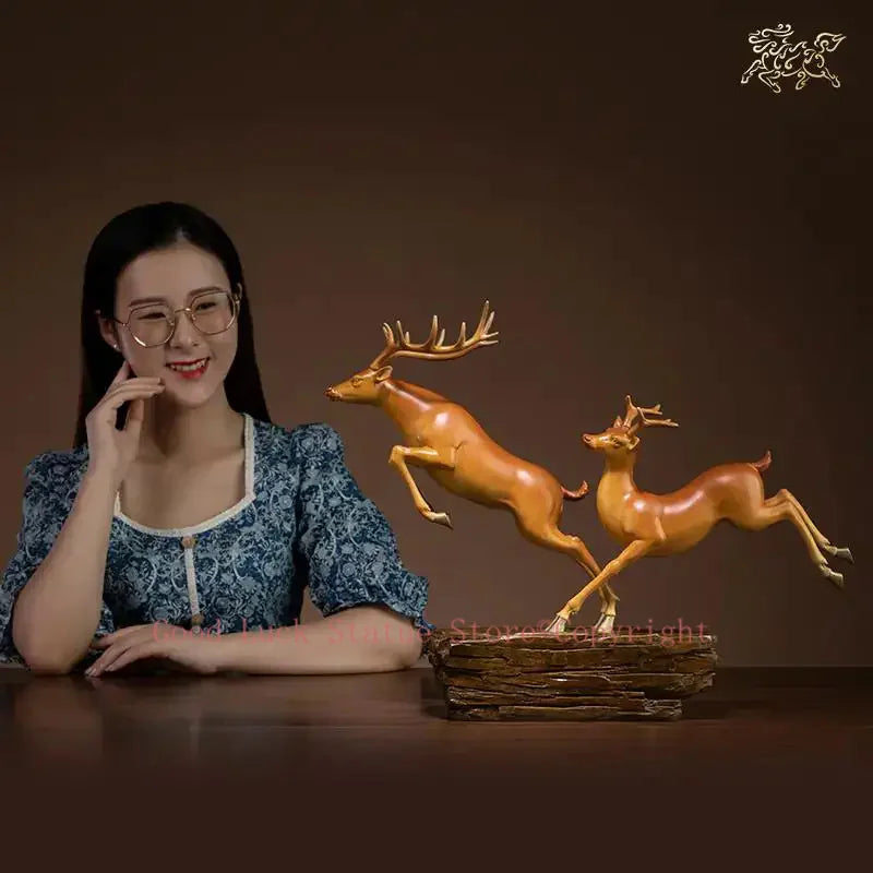 Hand-Engraved Brass Fu Lu Shou Deer Sculpture | Limited Edition Auspicious Art