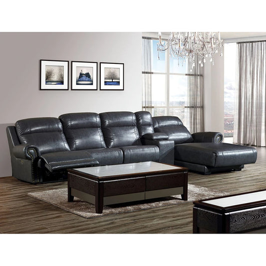 Modern living room with a black leather sectional sofa and coffee table.