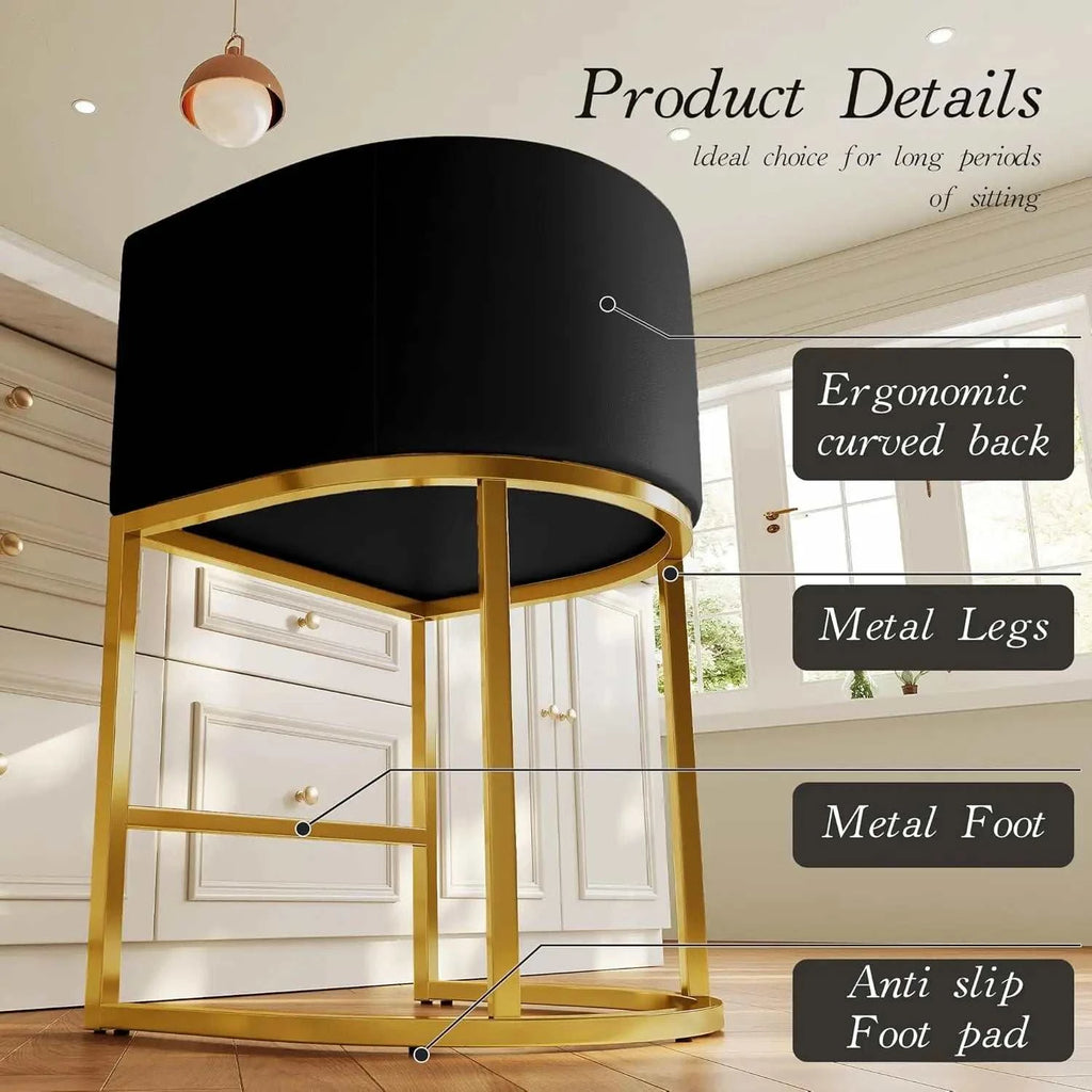 Black stool with gold base in a room setting, highlighting features like ergonomic curved back and metal legs.