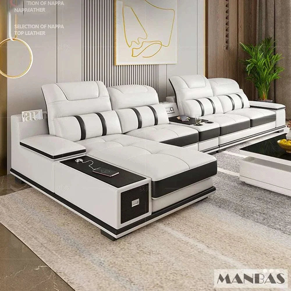 Modern genuine leather sofa with built-in Bluetooth speakers, USB ports, and adjustable headrests in sleek Italian design