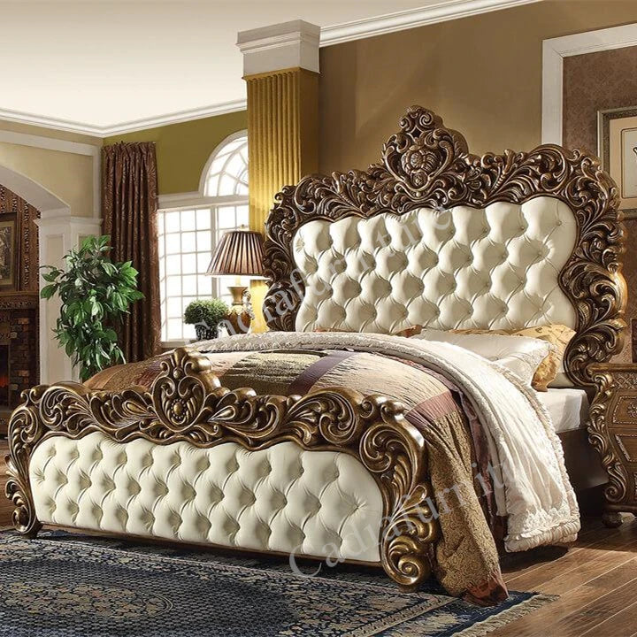 Hand-Carved American Bedroom Furniture Set | King Bed, Leather & Solid Wood