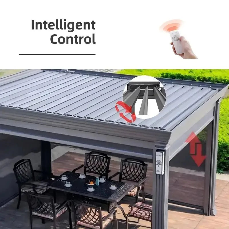 Custom aluminum pergola outdoor cover with intelligent control feature for outdoor space.