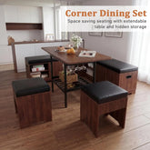 Corner dining set with extendable table and hidden storage in a modern kitchen.